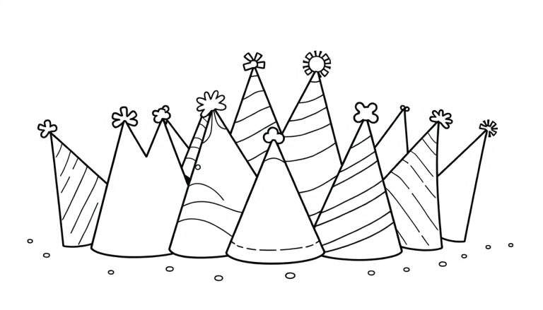 A color panel featuring a collection of black and white party hats, ready to be colored.