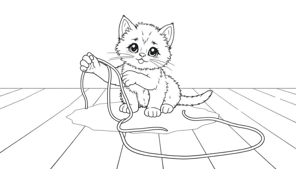 A black and white cartoon kitten playing with a string, presented as a color panel.