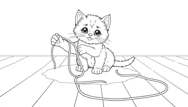 A black and white cartoon kitten playing with a string, presented as a color panel.