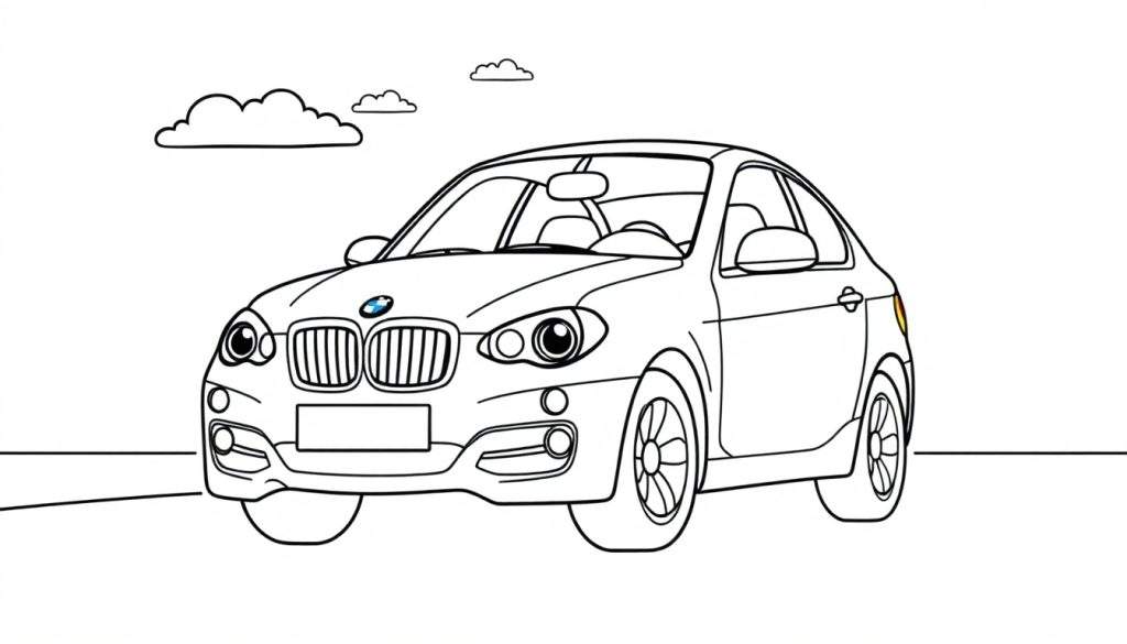 A cute cartoon BMW car for coloring, with big friendly eyes, a happy smile, parked on a road, with two clouds above. A perfect color panel.