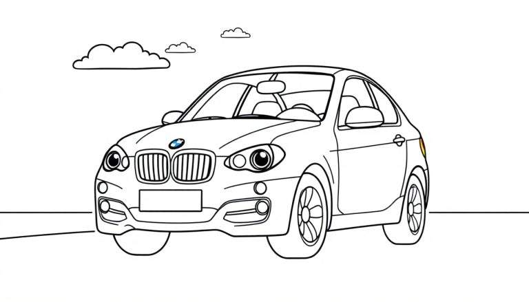 A cute cartoon BMW car for coloring, with big friendly eyes, a happy smile, parked on a road, with two clouds above. A perfect color panel.