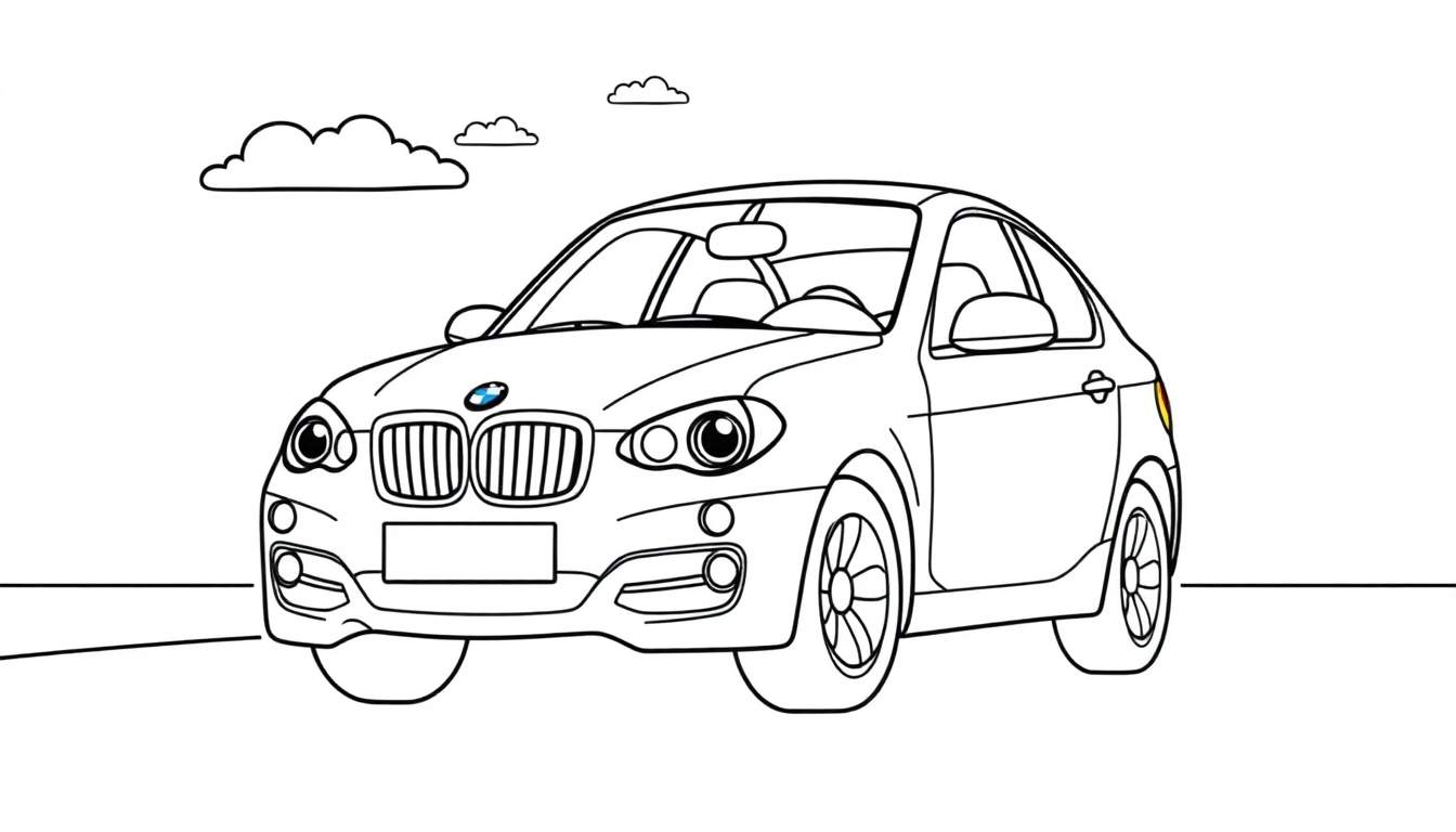 A cute cartoon BMW car for coloring, with big friendly eyes, a happy smile, parked on a road, with two clouds above. A perfect color panel.