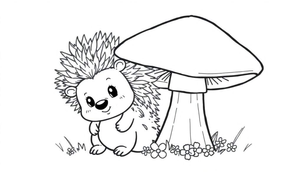 A cute hedgehog peeking from behind a mushroom, a black and white coloring page panel.