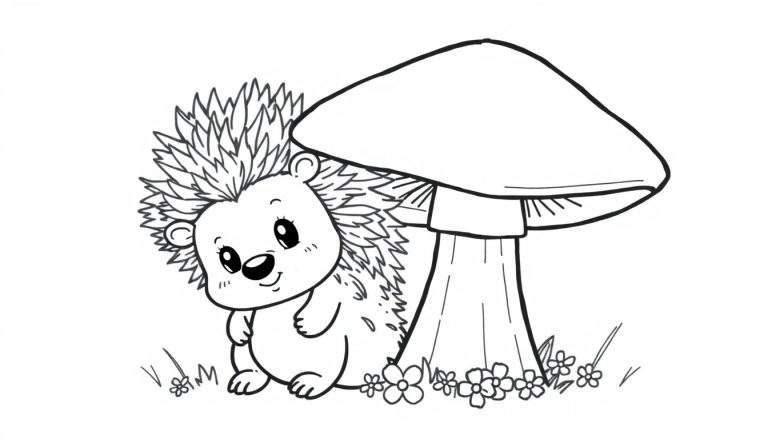 A cute hedgehog peeking from behind a mushroom, a black and white coloring page panel.