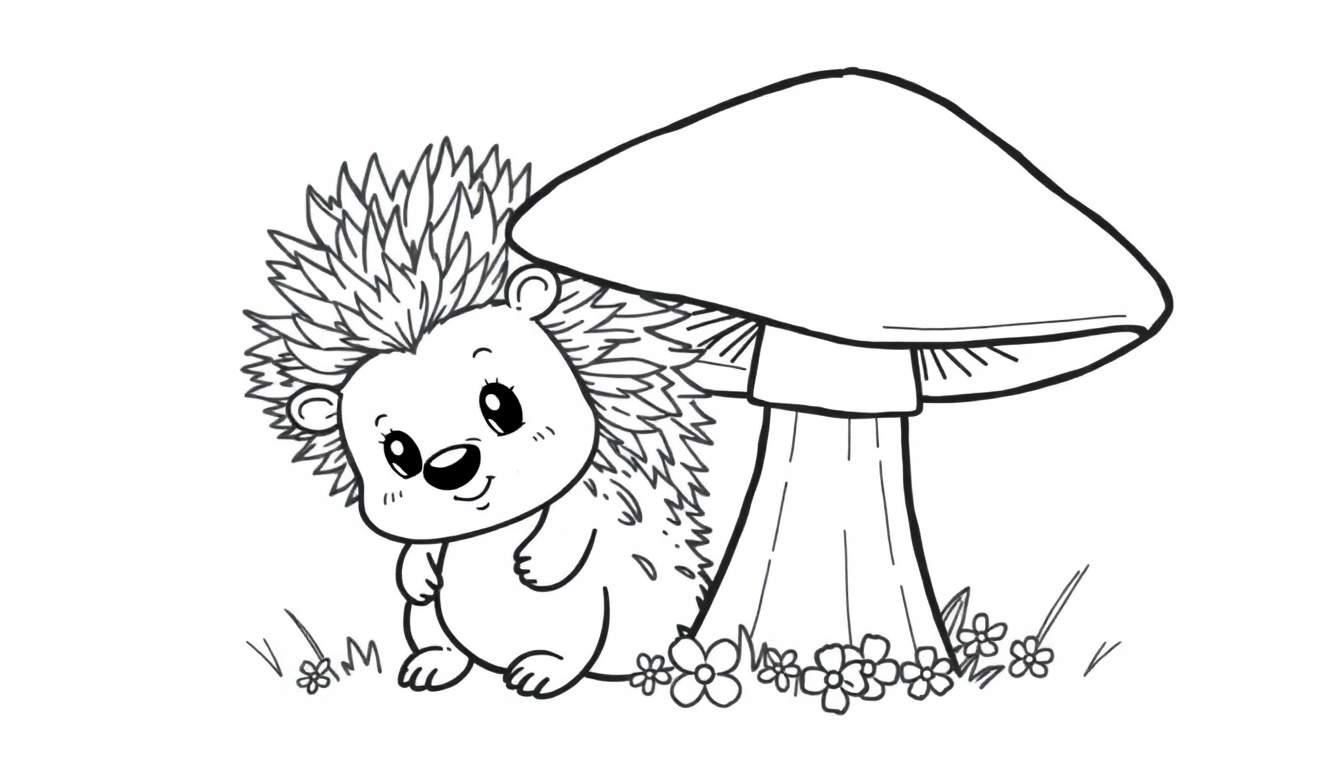 A cute hedgehog peeking from behind a mushroom, a black and white coloring page panel.
