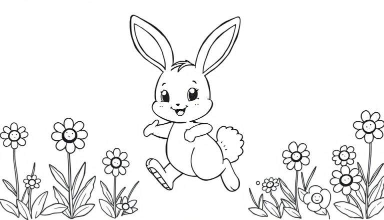 A cute bunny with big ears and a fluffy tail hopping through a field of flowers, ready to be colored. This color panel features a joyful scene.
