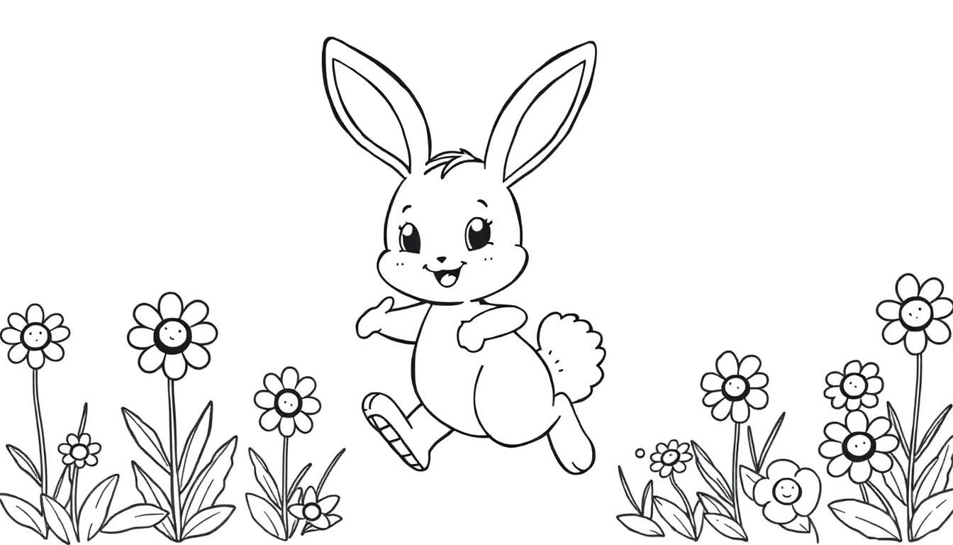 A cute bunny with big ears and a fluffy tail hopping through a field of flowers, ready to be colored. This color panel features a joyful scene.