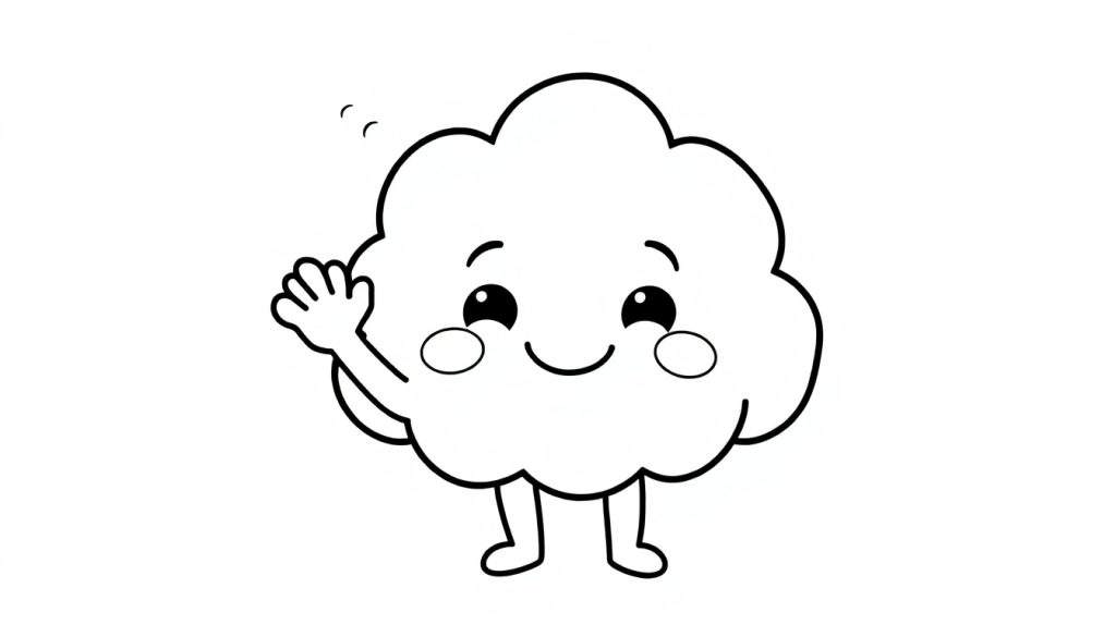 Cute cartoon cloud character named Puff, in a black and white color panel, waving happily with simple outline, on a white background.