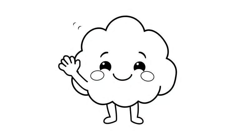 Cute cartoon cloud character named Puff, in a black and white color panel, waving happily with simple outline, on a white background.