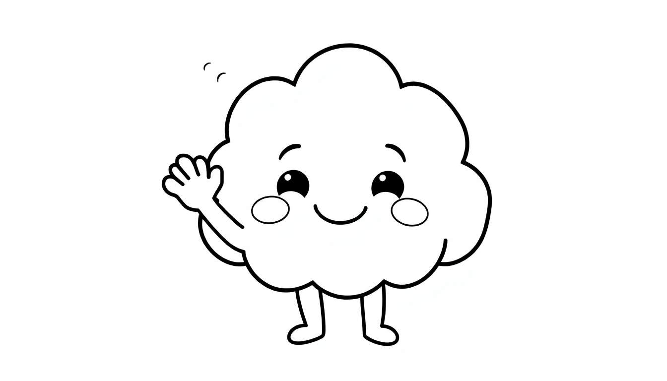 Cute cartoon cloud character named Puff, in a black and white color panel, waving happily with simple outline, on a white background.