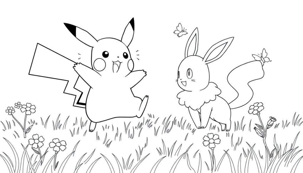 Pikachu and Eevee enjoying a sunny day in a meadow, a black and white color panel for coloring.