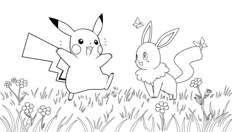 Pikachu and Eevee enjoying a sunny day in a meadow, a black and white color panel for coloring.