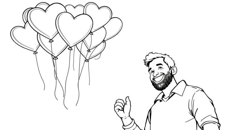 A smiling dad with a beard and a collared shirt gives a thumbs up, with a cluster of heart balloons floating above him. This is a Father's Day coloring page, a black and white illustration meant for adding color.