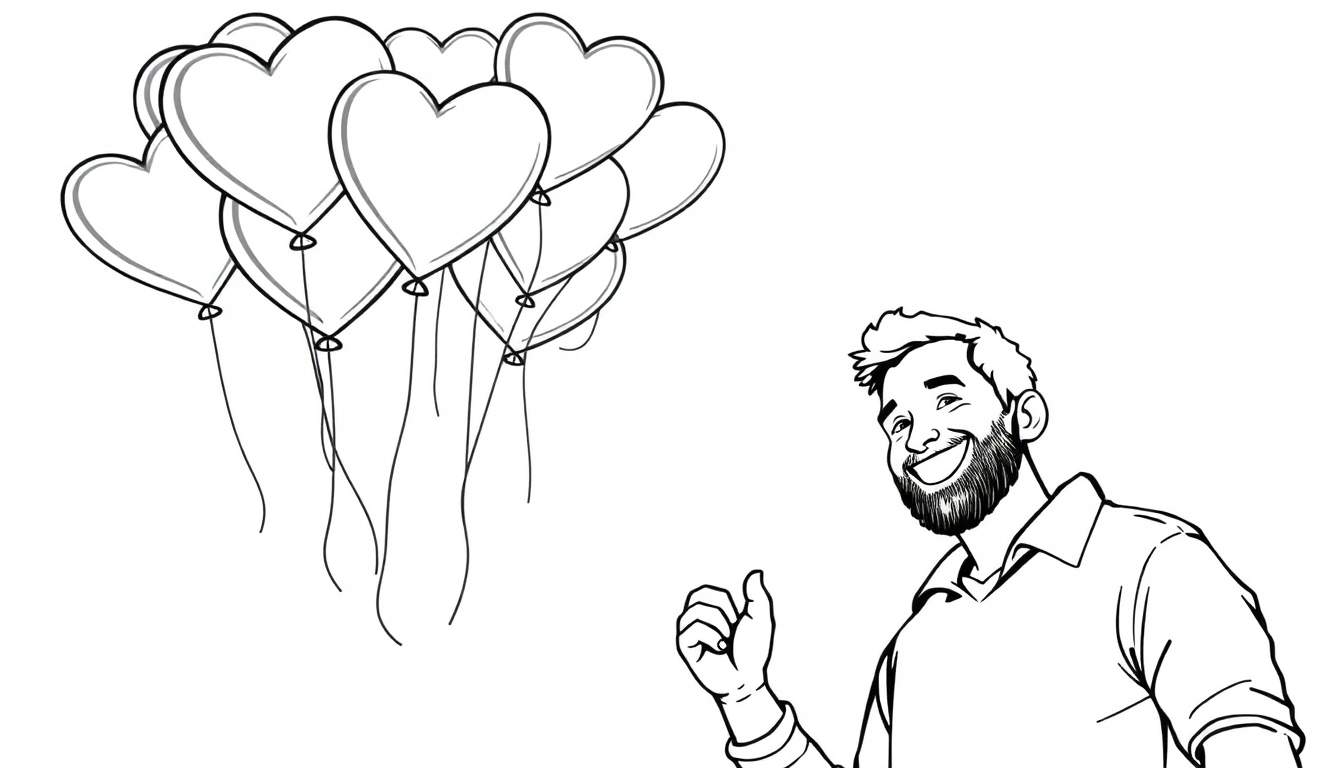 A smiling dad with a beard and a collared shirt gives a thumbs up, with a cluster of heart balloons floating above him. This is a Father's Day coloring page, a black and white illustration meant for adding color.