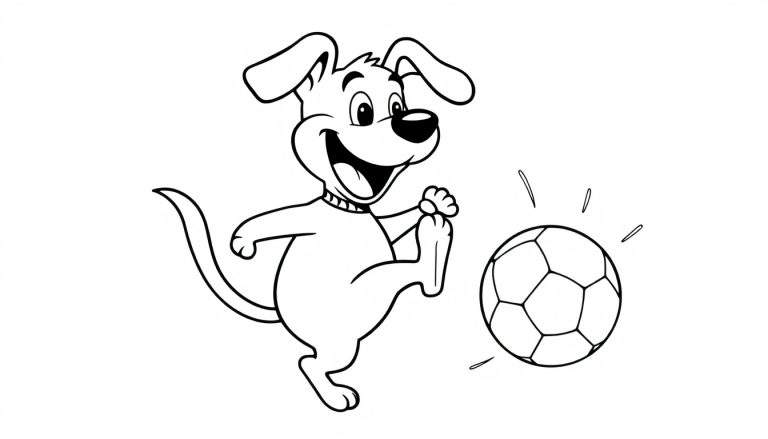 A happy dog playing soccer on a color panel.
