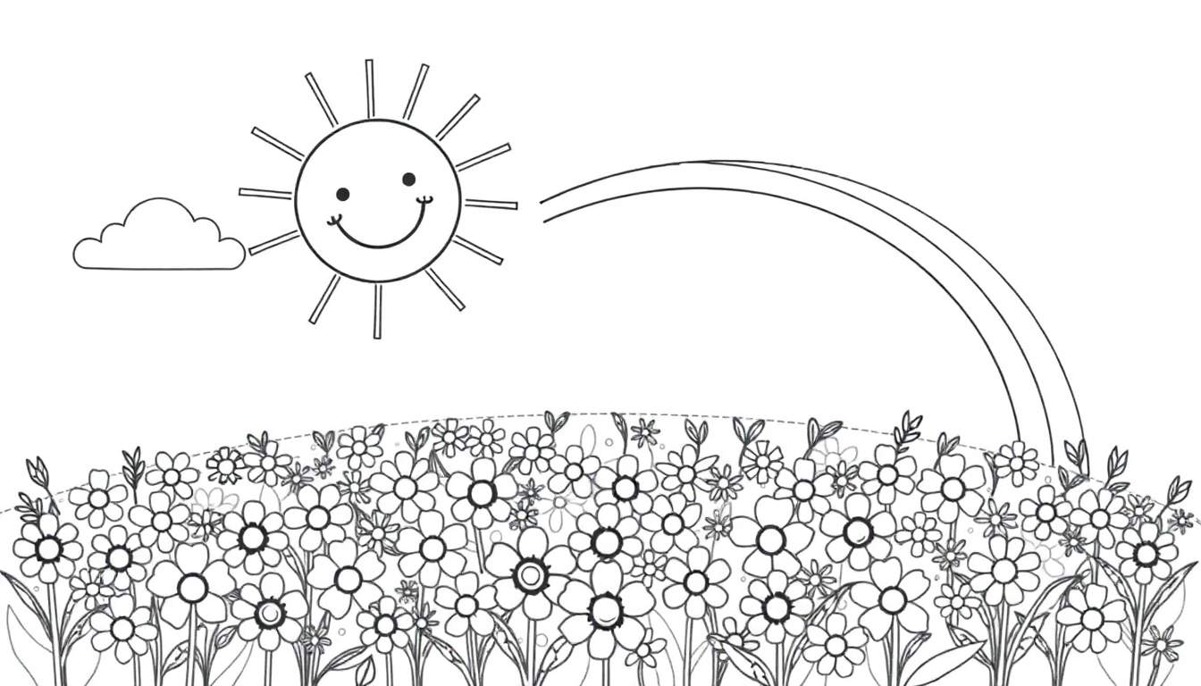 A black and white line drawing of a happy sun, a cloud, a rainbow, and a field of flowers.