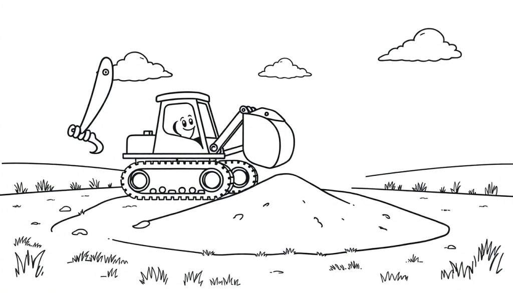Black and white coloring panel of a friendly bulldozer digging.