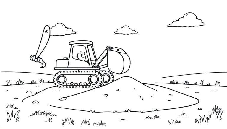 Black and white coloring panel of a friendly bulldozer digging.