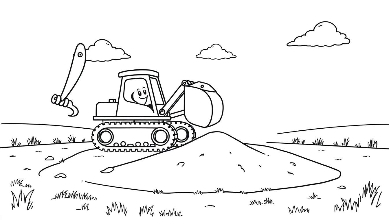 Black and white coloring panel of a friendly bulldozer digging.