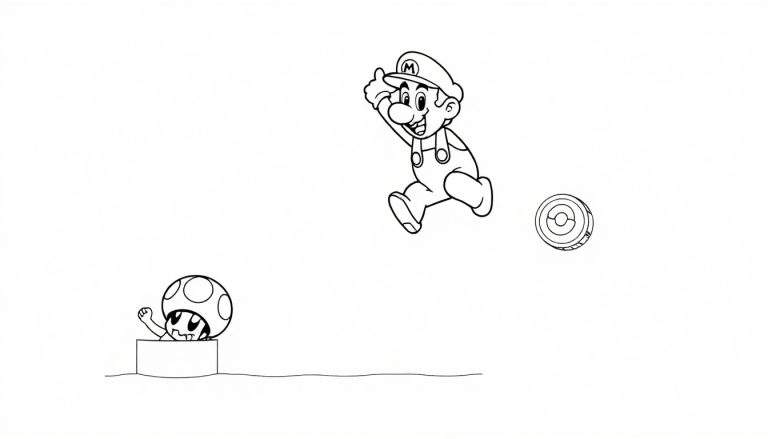 A black and white color panel of Mario jumping over a Goomba, with a mushroom and a coin visible.