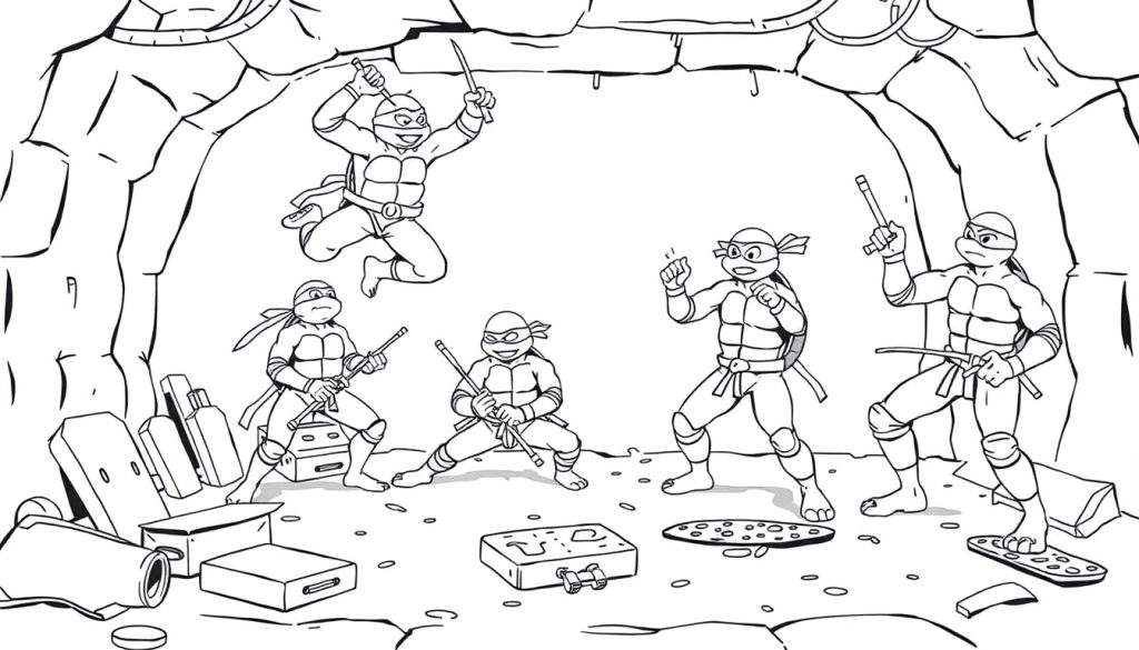 Teenage Mutant Ninja Turtles sewer lair color panel, practicing karate.