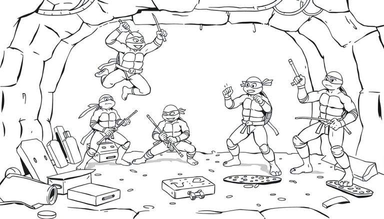 Teenage Mutant Ninja Turtles sewer lair color panel, practicing karate.