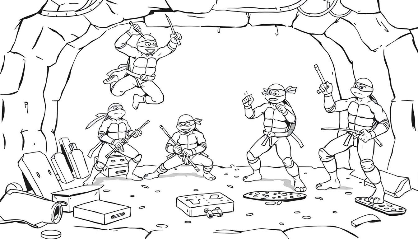 Teenage Mutant Ninja Turtles sewer lair color panel, practicing karate.