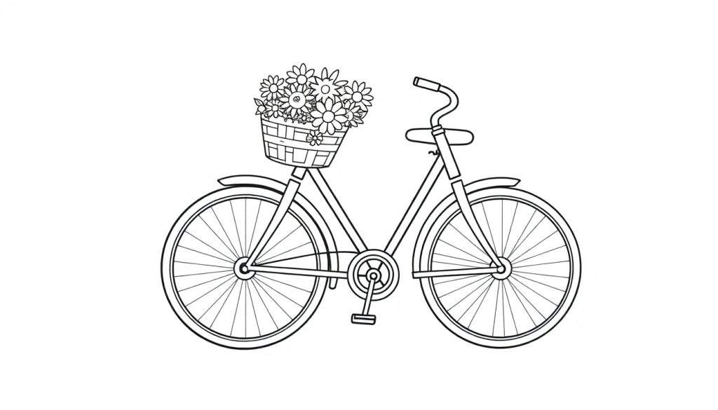 A cute bicycle coloring page with a flower basket, ready for a fun ride. Black and white color panel.