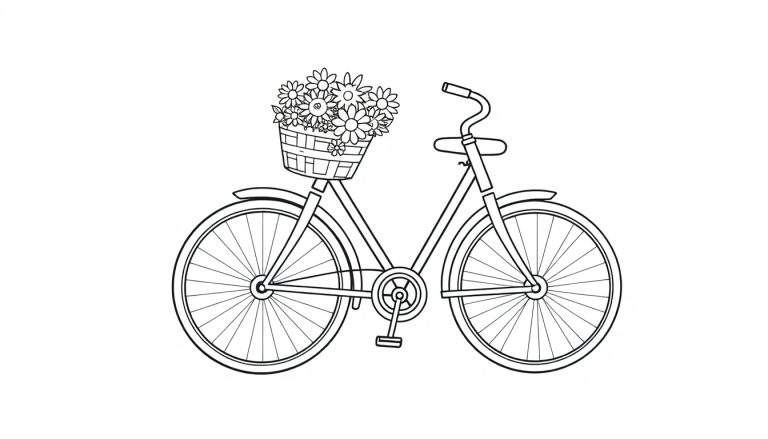 A cute bicycle coloring page with a flower basket, ready for a fun ride. Black and white color panel.