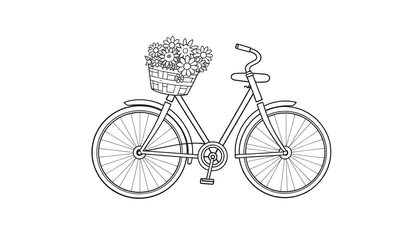 A cute bicycle coloring page with a flower basket, ready for a fun ride. Black and white color panel.