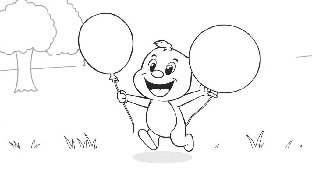 A cheerful Bluey character in a black and white color panel, holding two balloons.