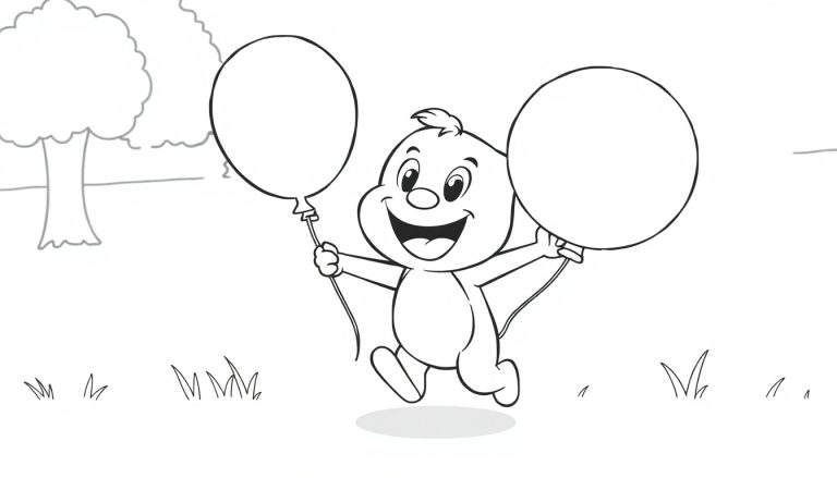 A cheerful Bluey character in a black and white color panel, holding two balloons.