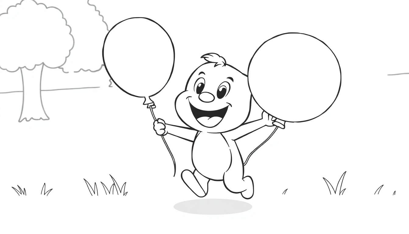 A cheerful Bluey character in a black and white color panel, holding two balloons.