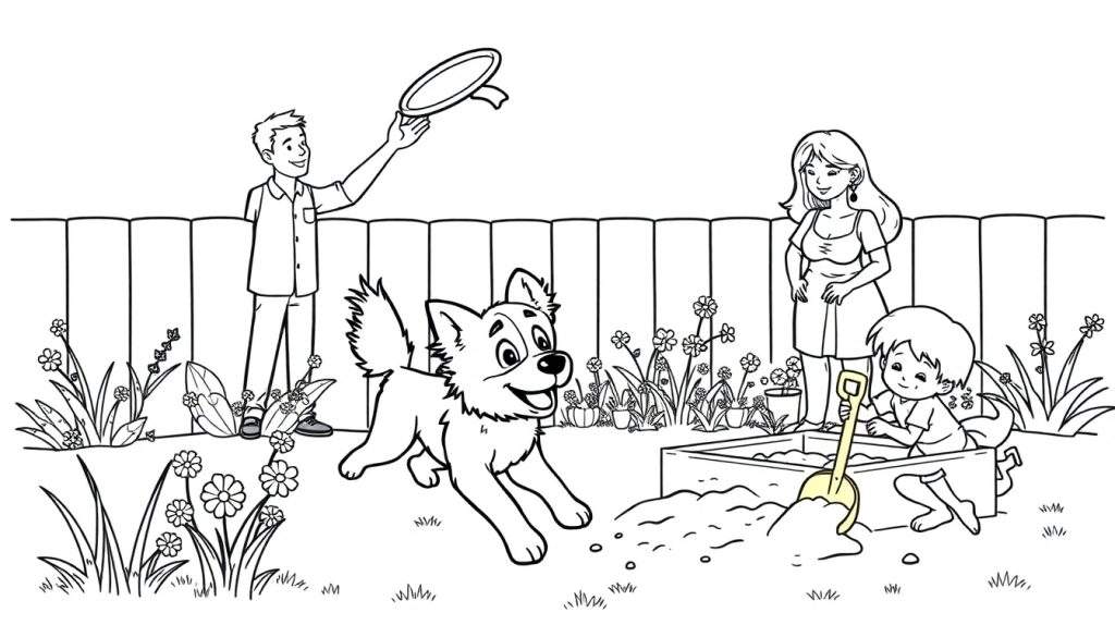 A black and white coloring page of a family playing in their backyard, a color panel of fun.