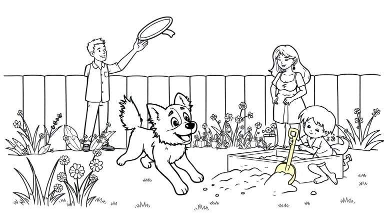 A black and white coloring page of a family playing in their backyard, a color panel of fun.
