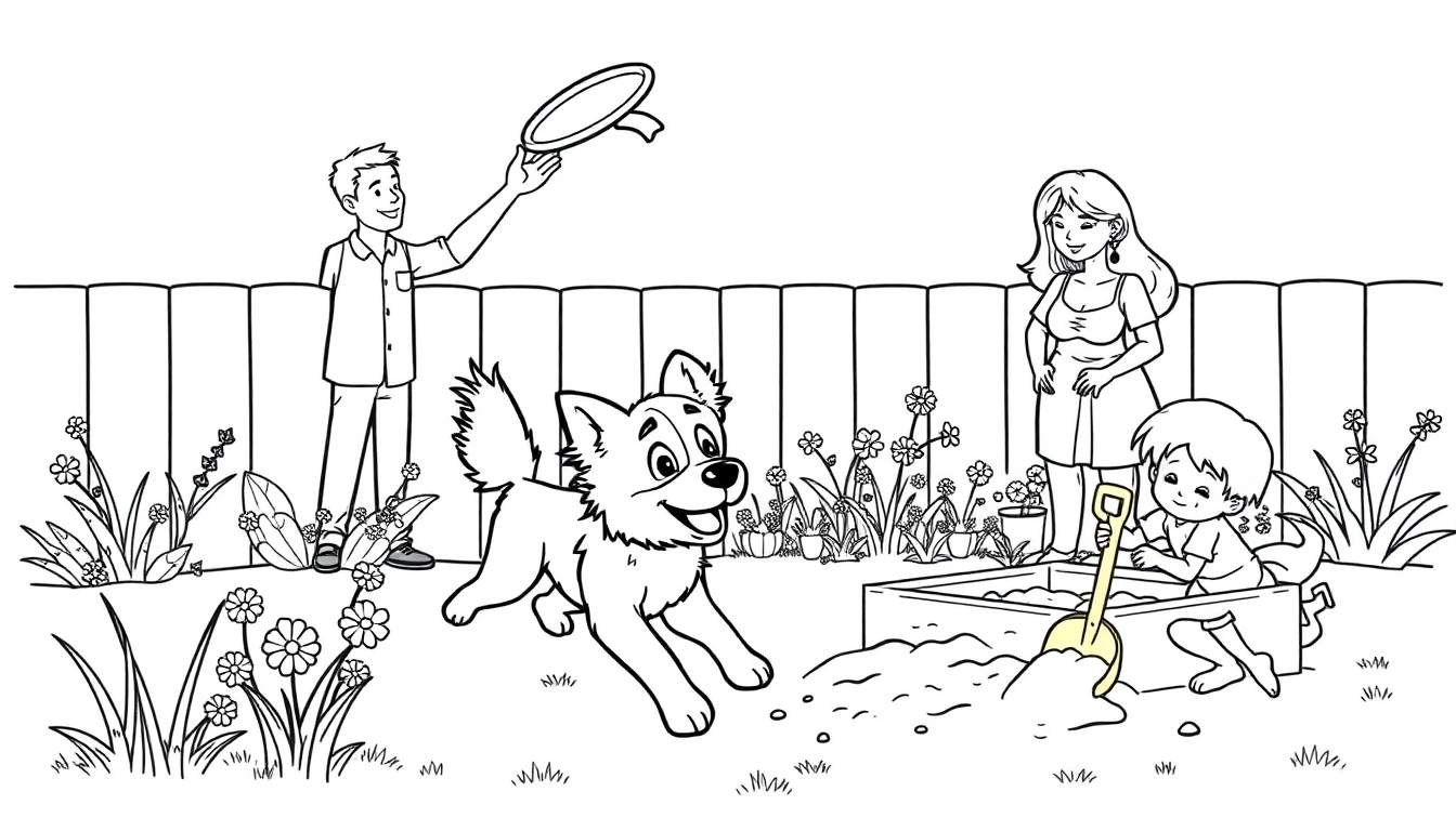 A black and white coloring page of a family playing in their backyard, a color panel of fun.