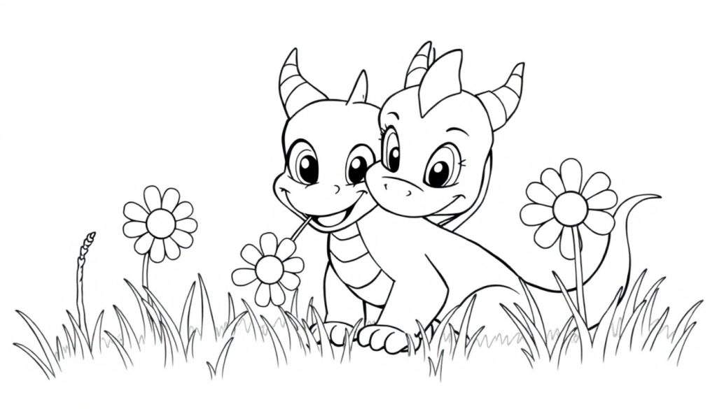 A black and white coloring panel of two cute young dragons in a meadow.