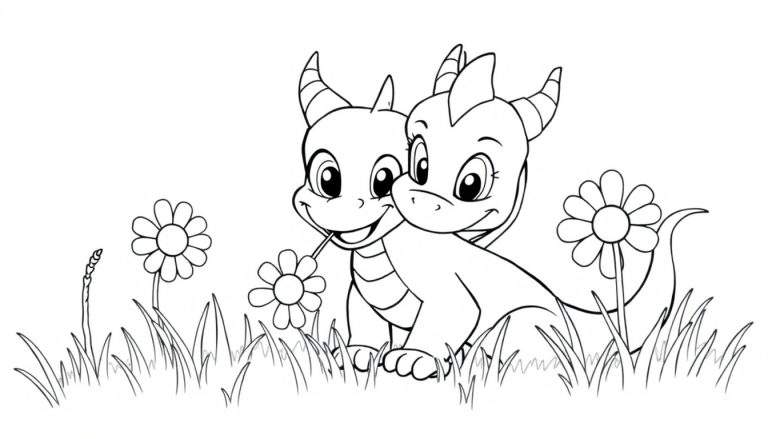 A black and white coloring panel of two cute young dragons in a meadow.