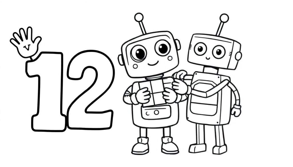 A cute black and white coloring page featuring the number 12 and two friendly robots, part of a number learning color panel.
