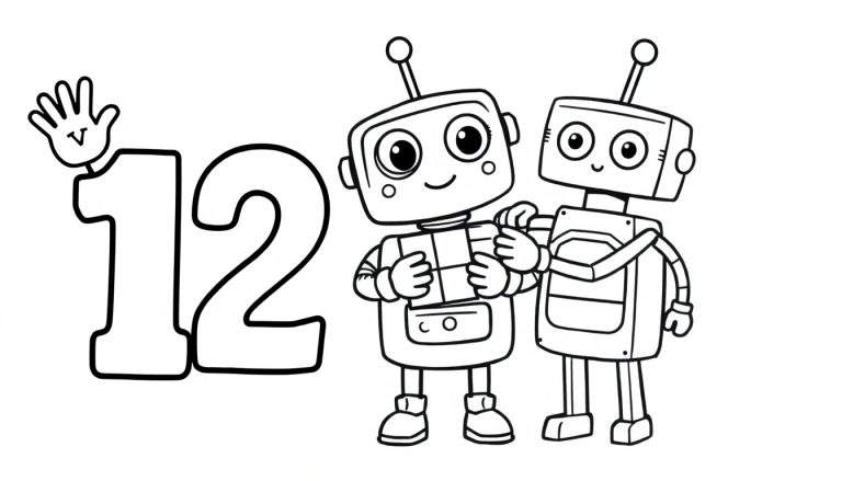 A cute black and white coloring page featuring the number 12 and two friendly robots, part of a number learning color panel.