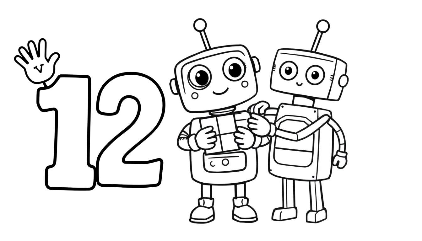 A cute black and white coloring page featuring the number 12 and two friendly robots, part of a number learning color panel.