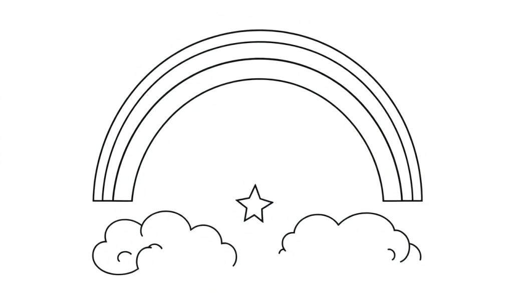 A black and white line drawing of a happy rainbow color panel over clouds with a star.