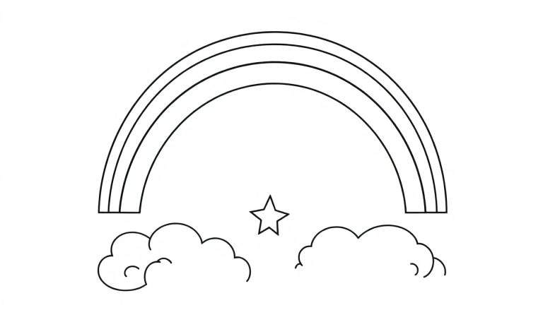 A black and white line drawing of a happy rainbow color panel over clouds with a star.