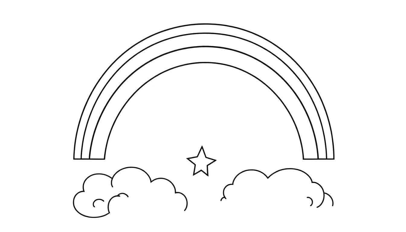 A black and white line drawing of a happy rainbow color panel over clouds with a star.