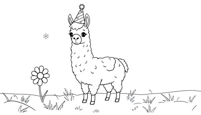 A black and white illustration of a happy llama wearing a party hat, ready for a color panel.