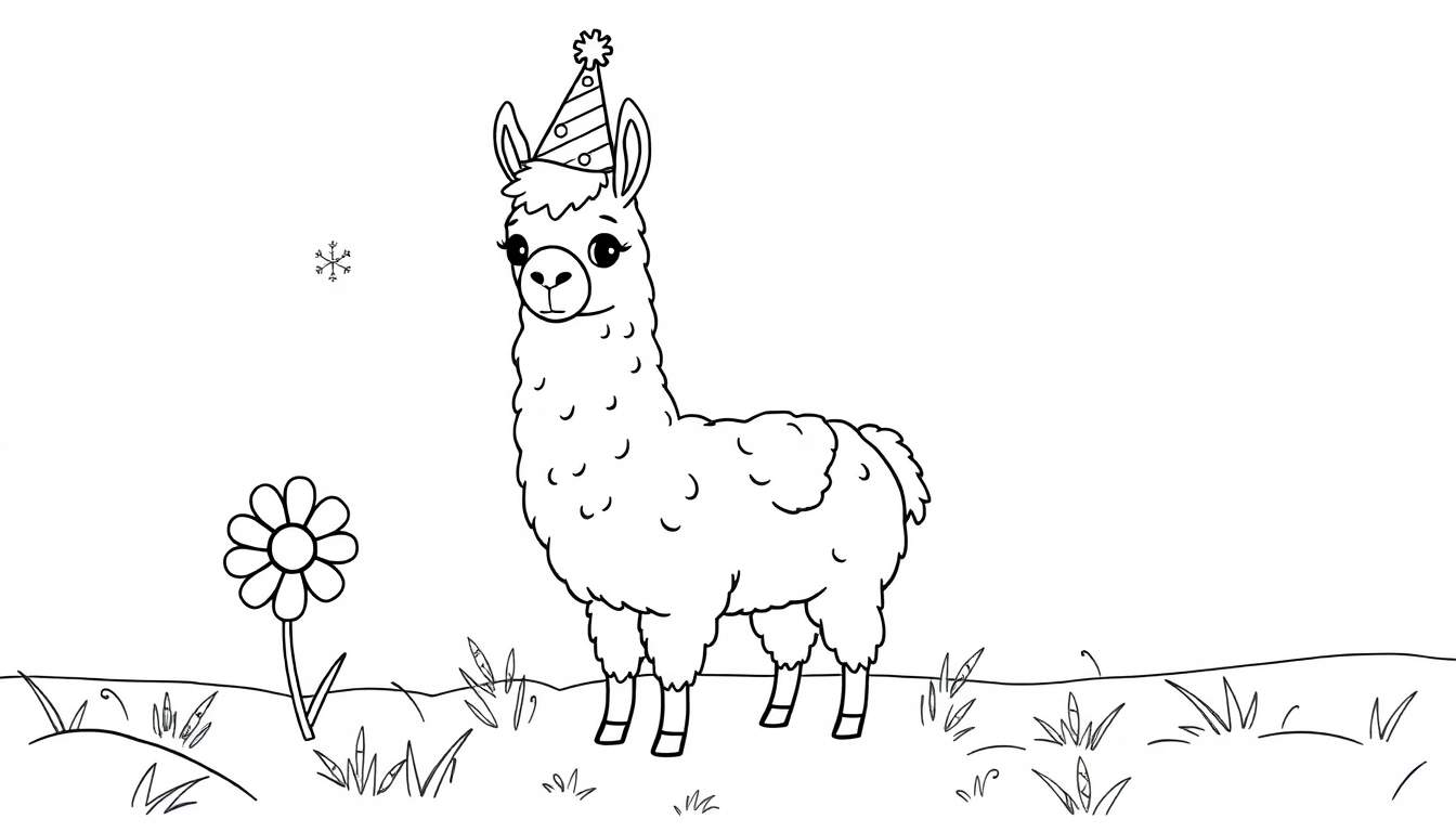 A black and white illustration of a happy llama wearing a party hat, ready for a color panel.