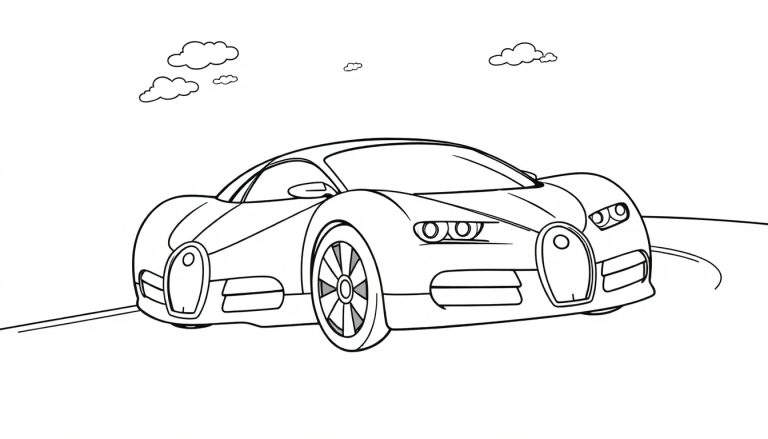 A cute, black and white coloring page of a speedy Bugatti car with big friendly headlights and happy wheels zooming down a curvy road. This color panel is ready for fun!