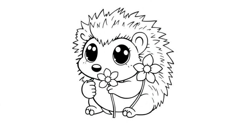 A cute hedgehog coloring panel with big eyes holding flowers.