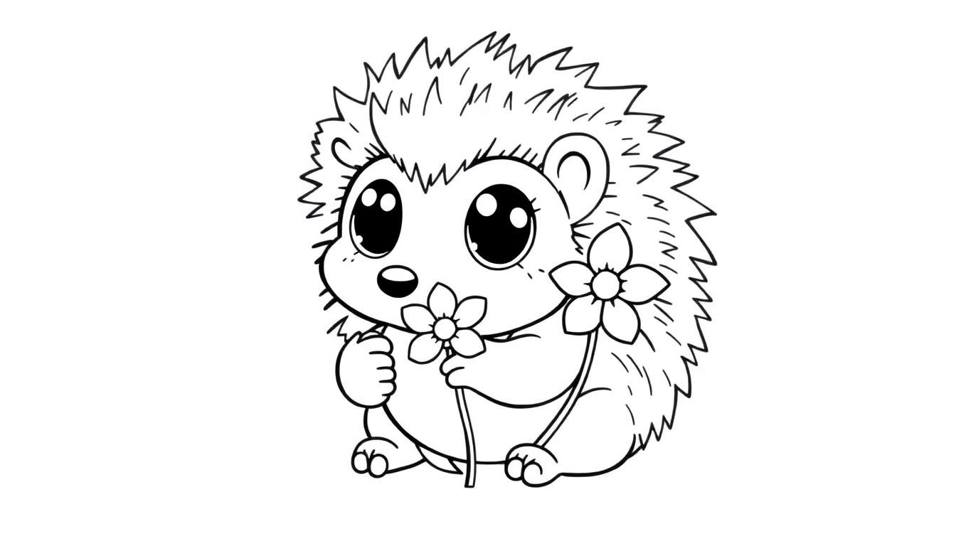 A cute hedgehog coloring panel with big eyes holding flowers.