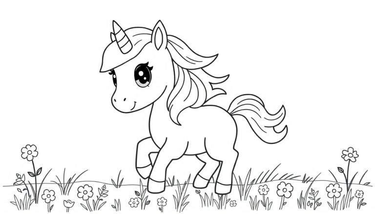A cute unicorn in a flower field, ready for coloring, a wonderful color panel.